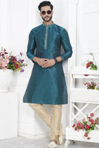 Teal Jacquard Silk Plain Straight Kurta Pajama for Men for Wedding & Festival