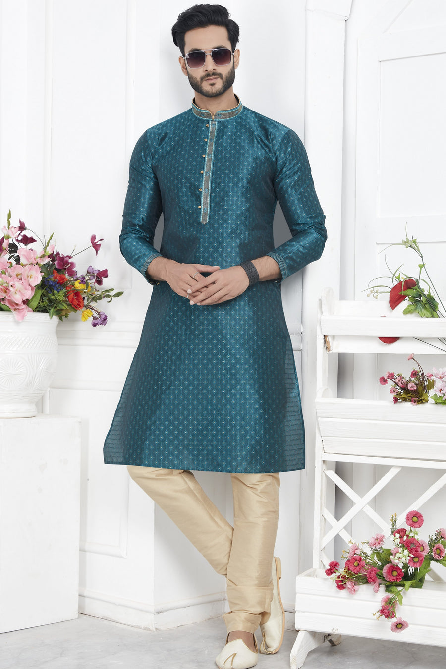 Teal Jacquard Silk Plain Straight Kurta Pajama for Men for Wedding & Festival