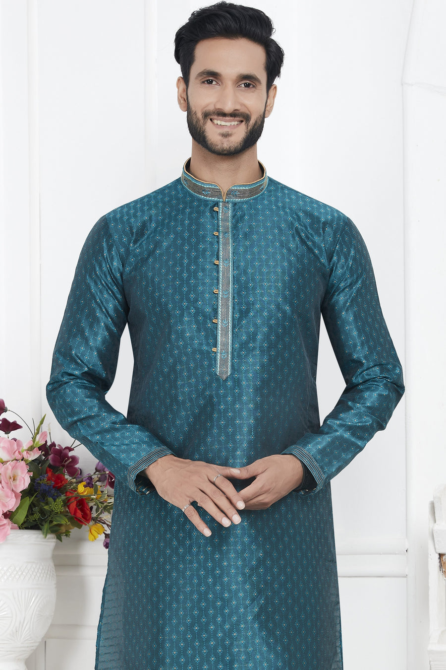 Teal Jacquard Silk Plain Straight Kurta Pajama for Men for Wedding & Festival