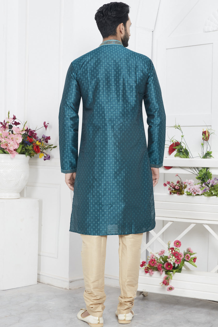 Teal Jacquard Silk Plain Straight Kurta Pajama for Men for Wedding & Festival