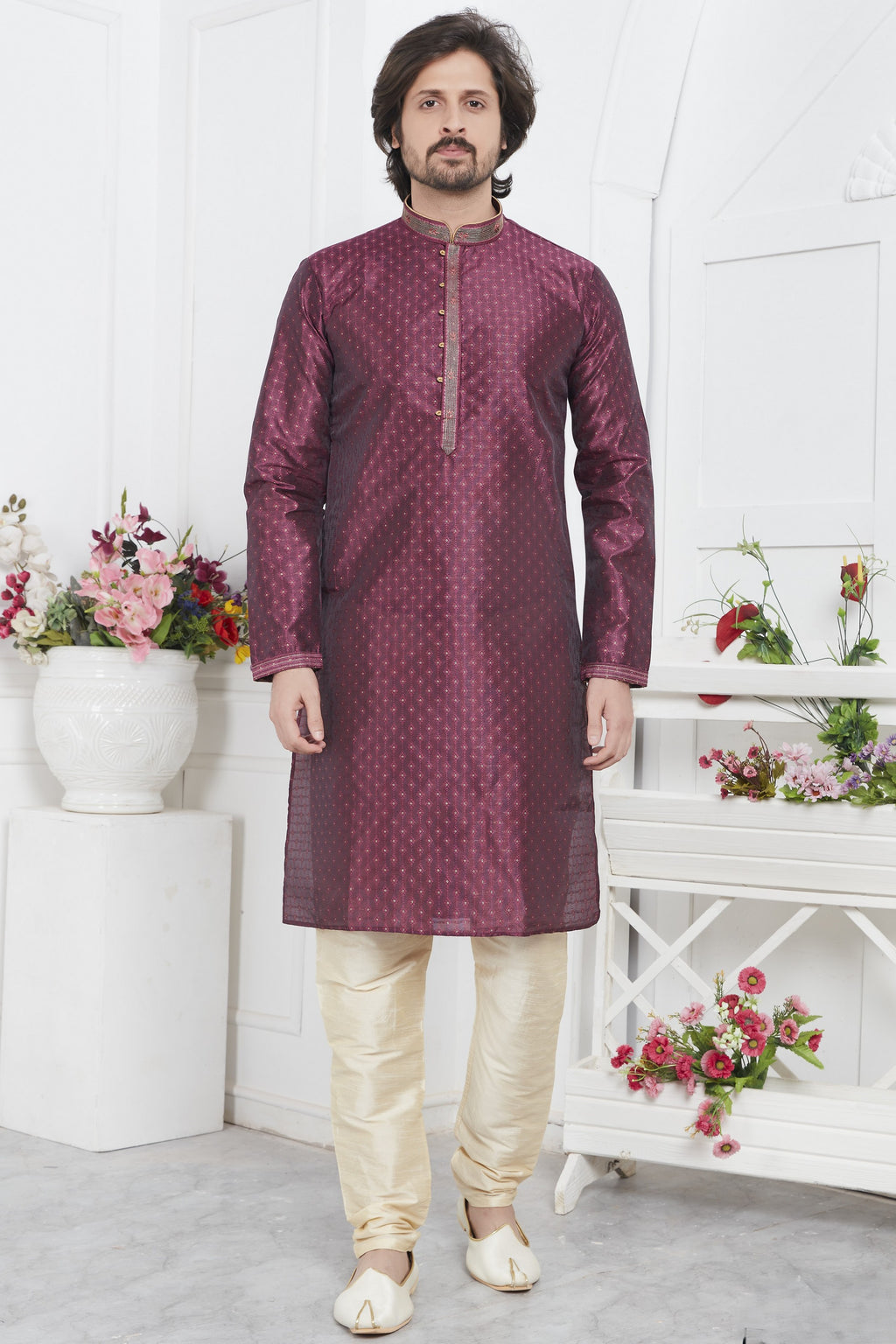 Magenta Jacquard Silk Plain Straight Kurta Pajama for Men for Wedding & Festival
