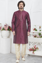 Magenta Jacquard Silk Plain Straight Kurta Pajama for Men for Wedding & Festival
