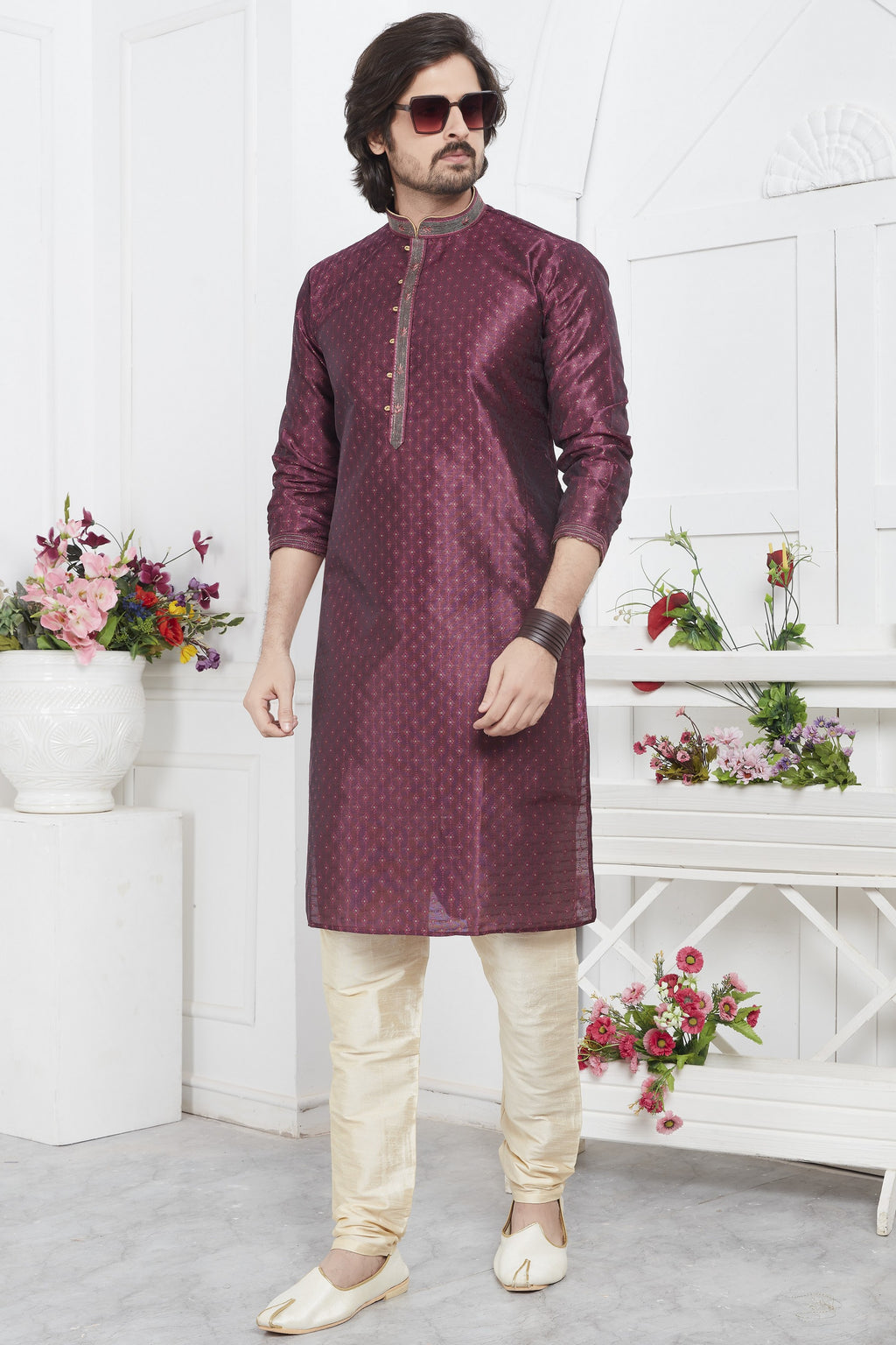 Magenta Jacquard Silk Plain Straight Kurta Pajama for Men for Wedding & Festival