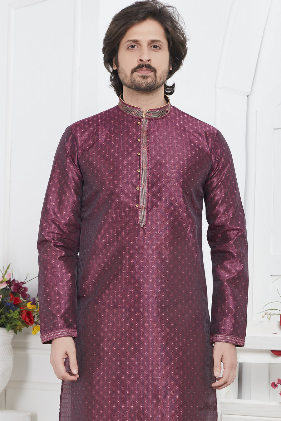 Magenta Jacquard Silk Plain Straight Kurta Pajama for Men for Wedding & Festival