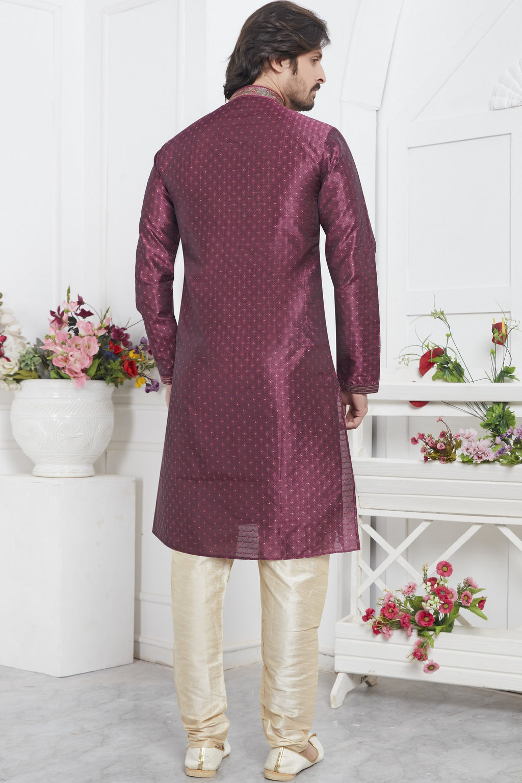 Magenta Jacquard Silk Plain Straight Kurta Pajama for Men for Wedding & Festival