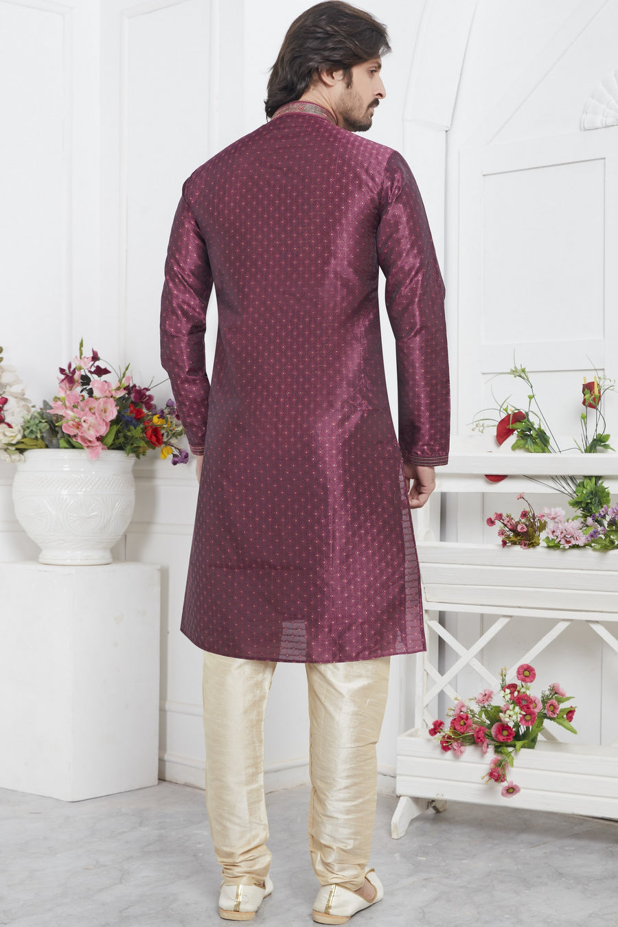 Magenta Jacquard Silk Plain Straight Kurta Pajama for Men for Wedding & Festival