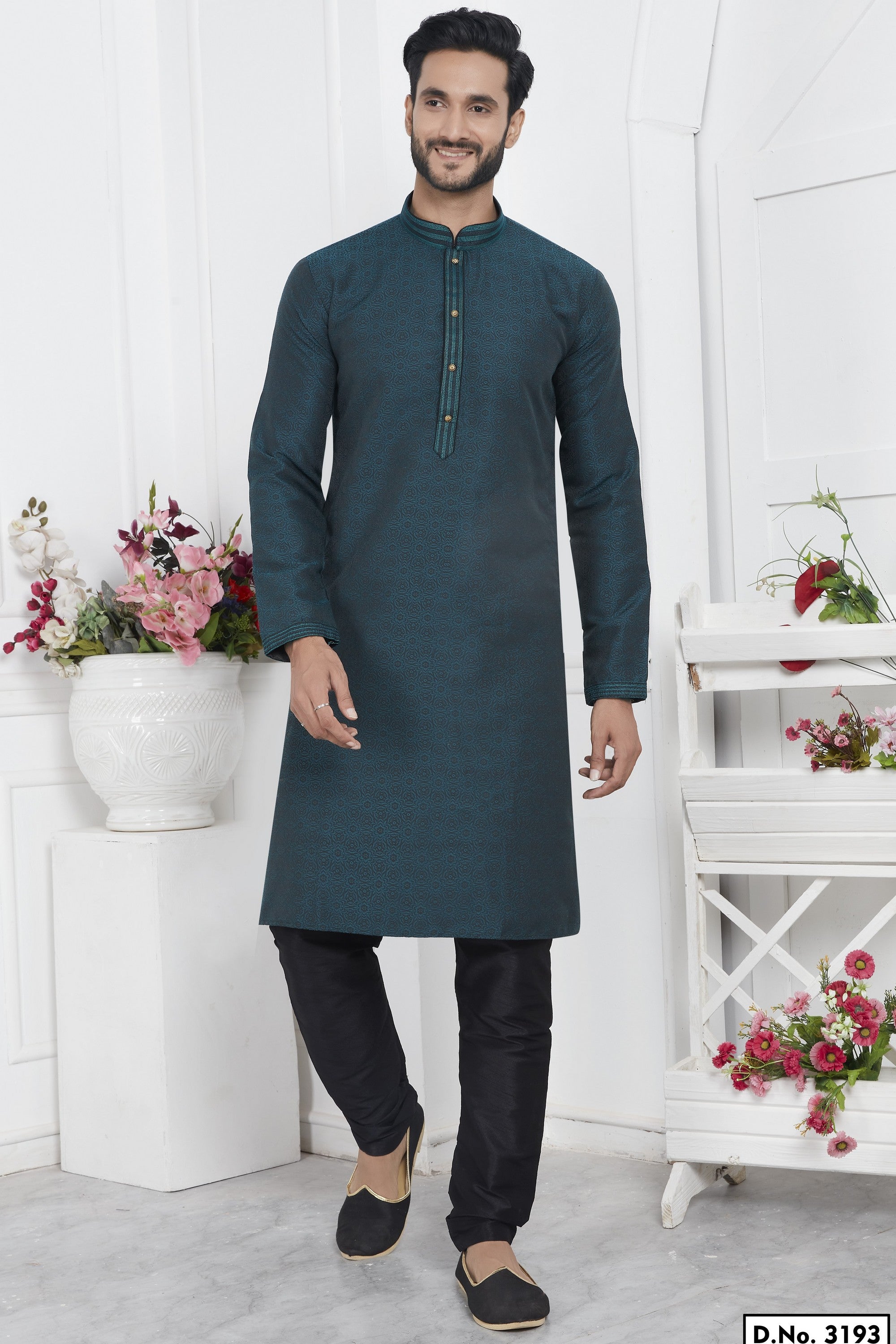 Teal Jacquard Silk Plain Straight Kurta Pajama for Men for Wedding & Festival