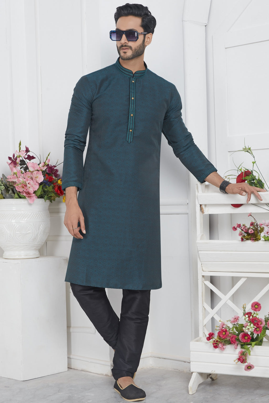 Teal Jacquard Silk Plain Straight Kurta Pajama for Men for Wedding & Festival