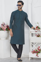 Teal Jacquard Silk Plain Straight Kurta Pajama for Men for Wedding & Festival