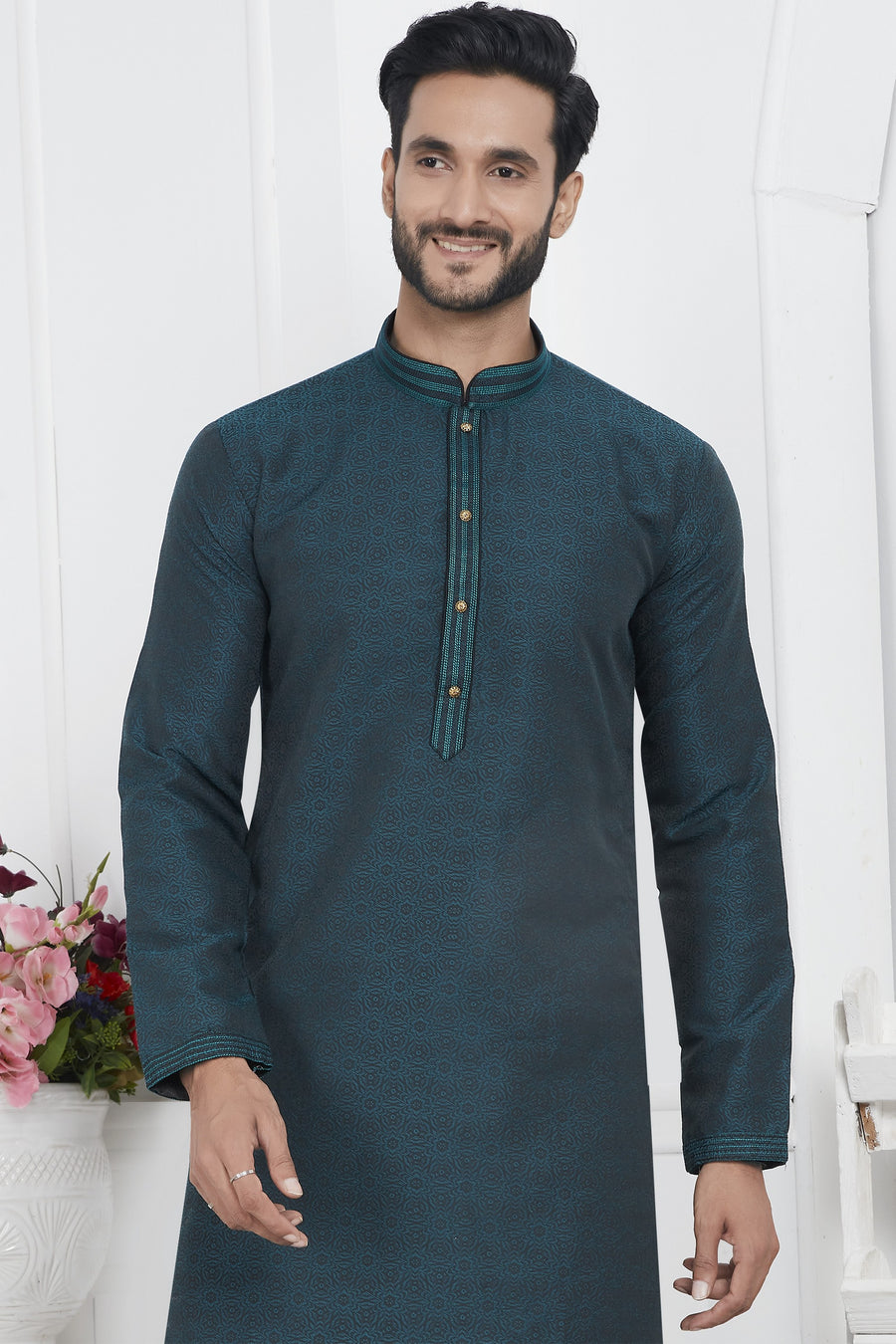 Teal Jacquard Silk Plain Straight Kurta Pajama for Men for Wedding & Festival