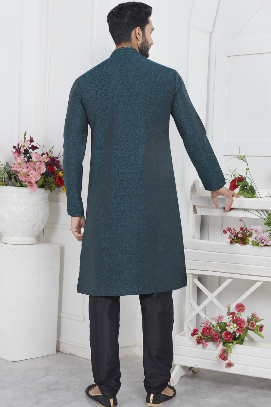 Teal Jacquard Silk Plain Straight Kurta Pajama for Men for Wedding & Festival