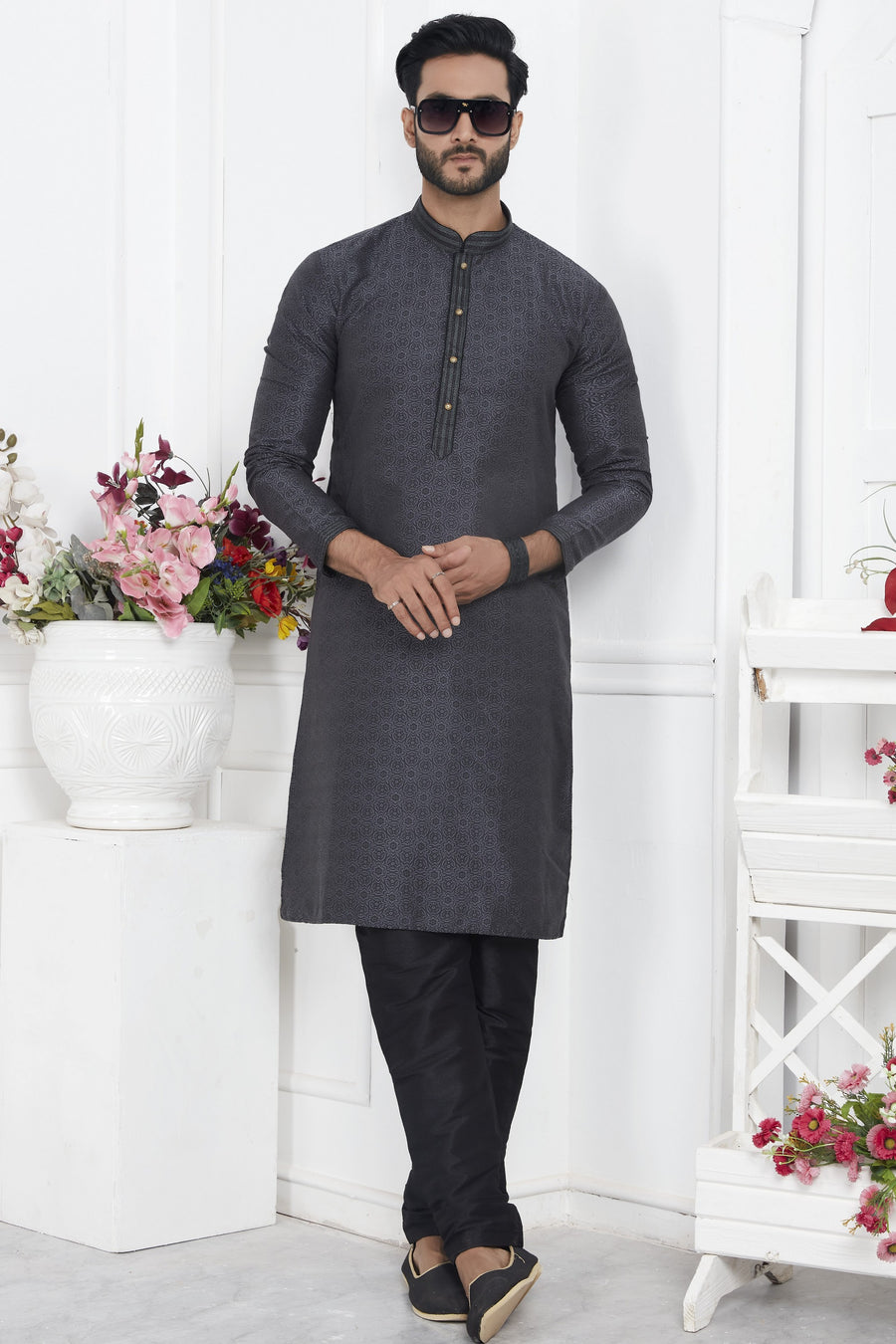Black Jacquard Silk Plain Straight Kurta Pajama for Men for Wedding & Festival