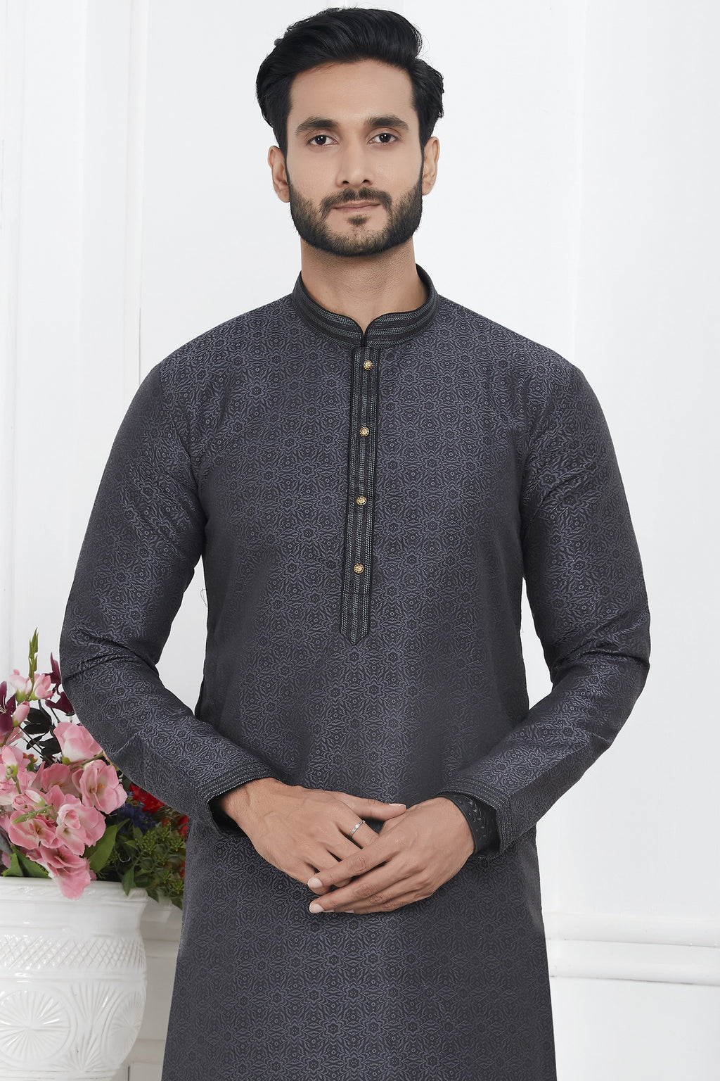 Black Jacquard Silk Plain Straight Kurta Pajama for Men for Wedding & Festival