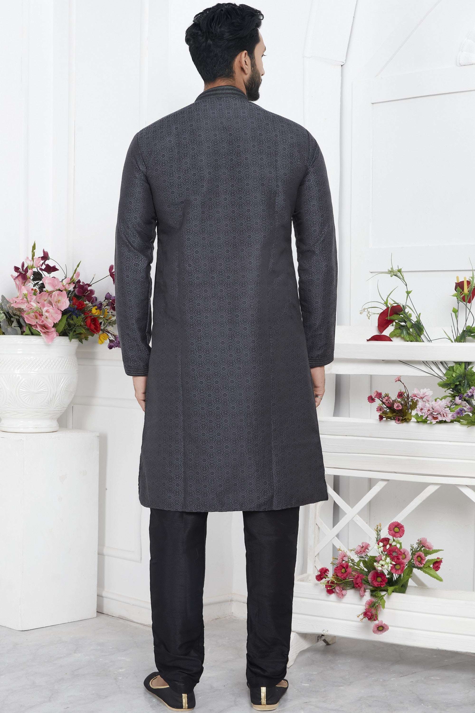 Black Jacquard Silk Plain Straight Kurta Pajama for Men for Wedding & Festival