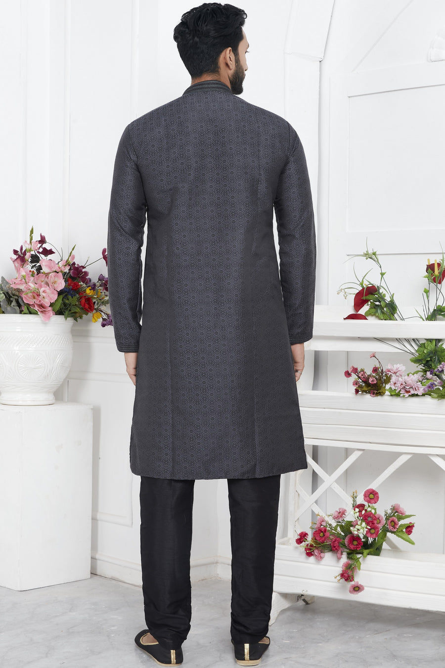 Black Jacquard Silk Plain Straight Kurta Pajama for Men for Wedding & Festival