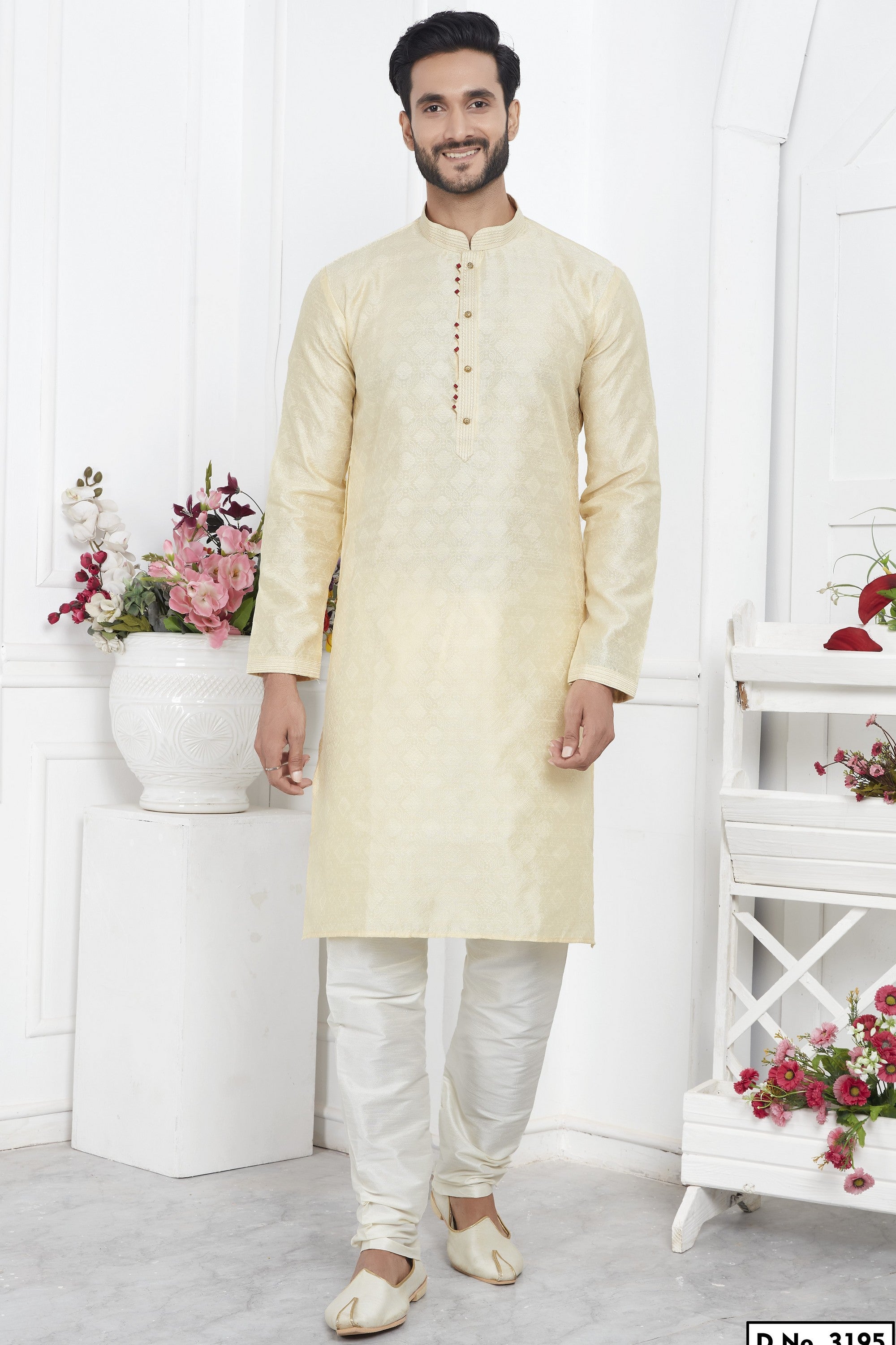 Cream Jacquard Silk Plain Straight Kurta Pajama for Men for Wedding & Festival