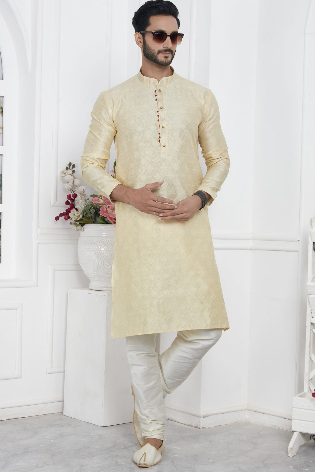 Cream Jacquard Silk Plain Straight Kurta Pajama for Men for Wedding & Festival
