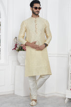 Cream Jacquard Silk Plain Straight Kurta Pajama for Men for Wedding & Festival