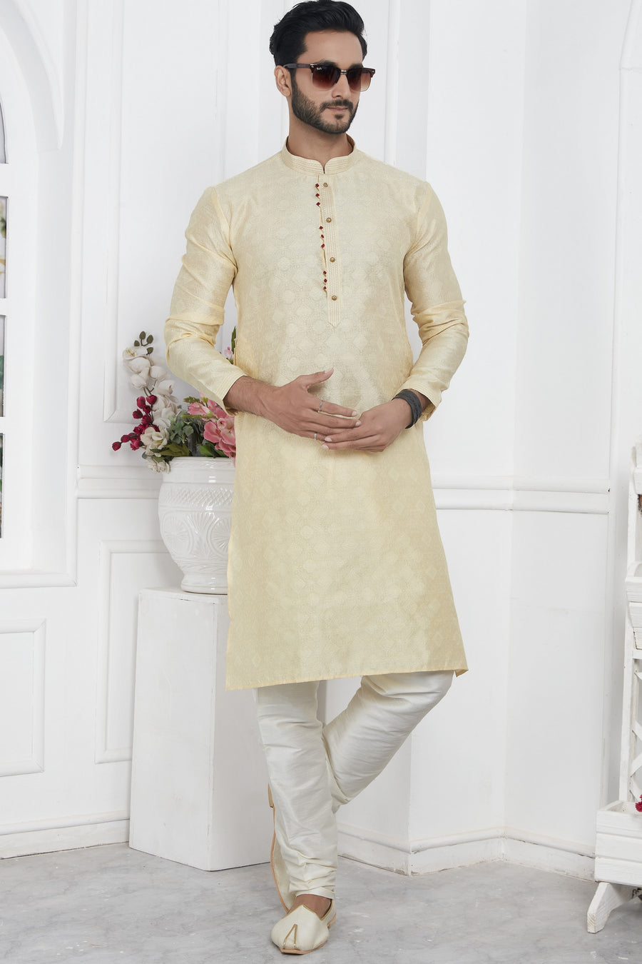 Cream Jacquard Silk Plain Straight Kurta Pajama for Men for Wedding & Festival