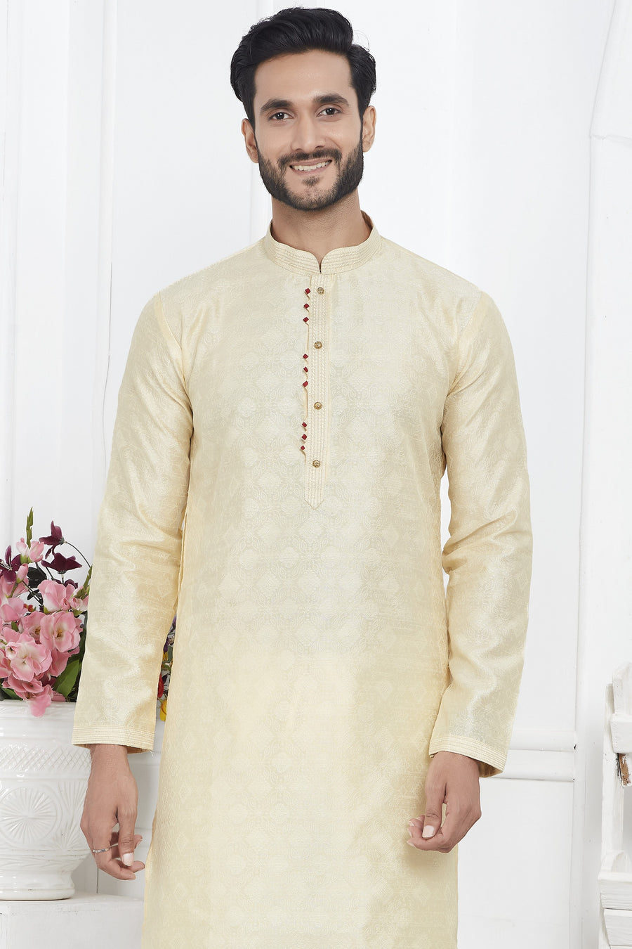 Cream Jacquard Silk Plain Straight Kurta Pajama for Men for Wedding & Festival