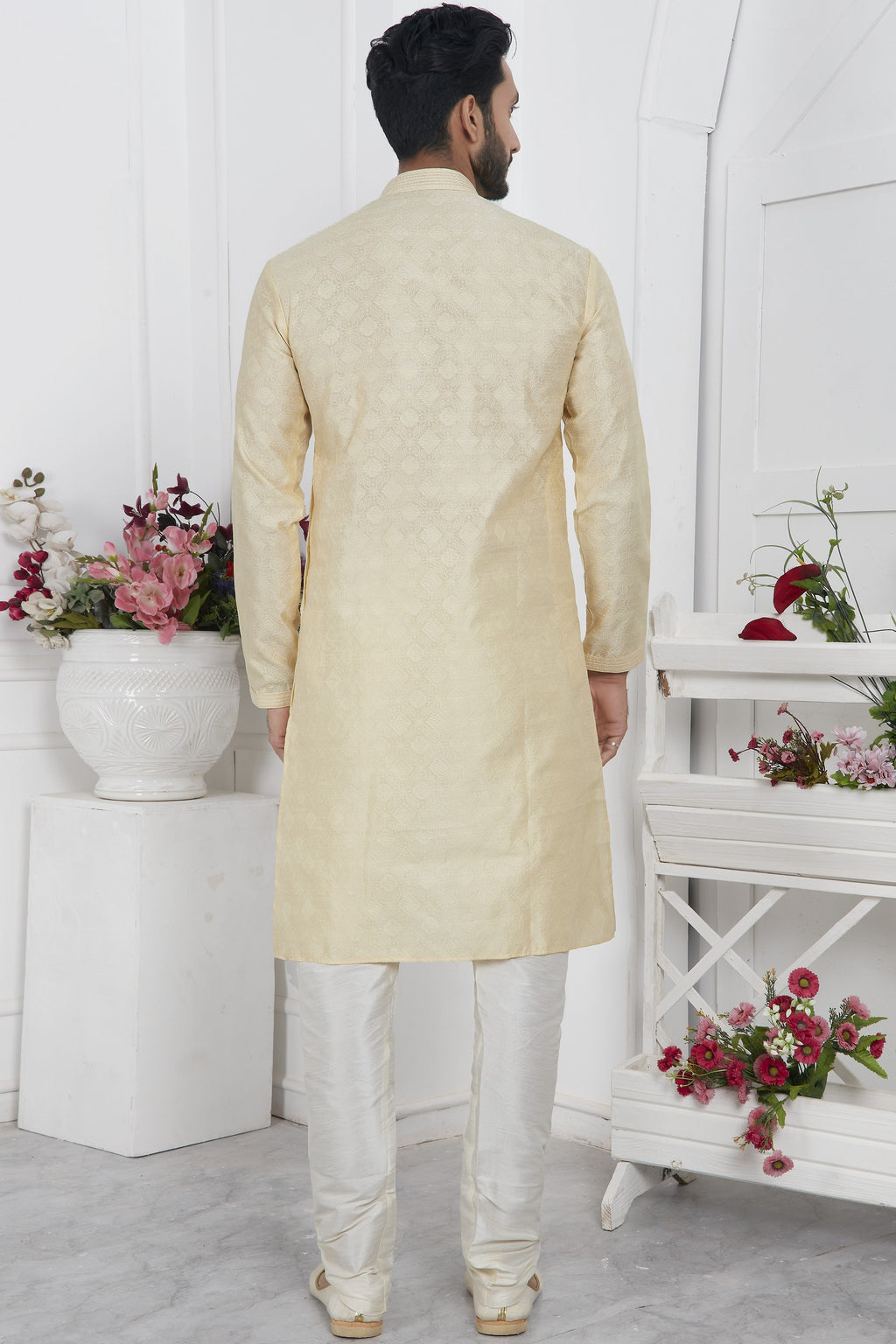 Cream Jacquard Silk Plain Straight Kurta Pajama for Men for Wedding & Festival