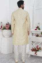 Cream Jacquard Silk Plain Straight Kurta Pajama for Men for Wedding & Festival