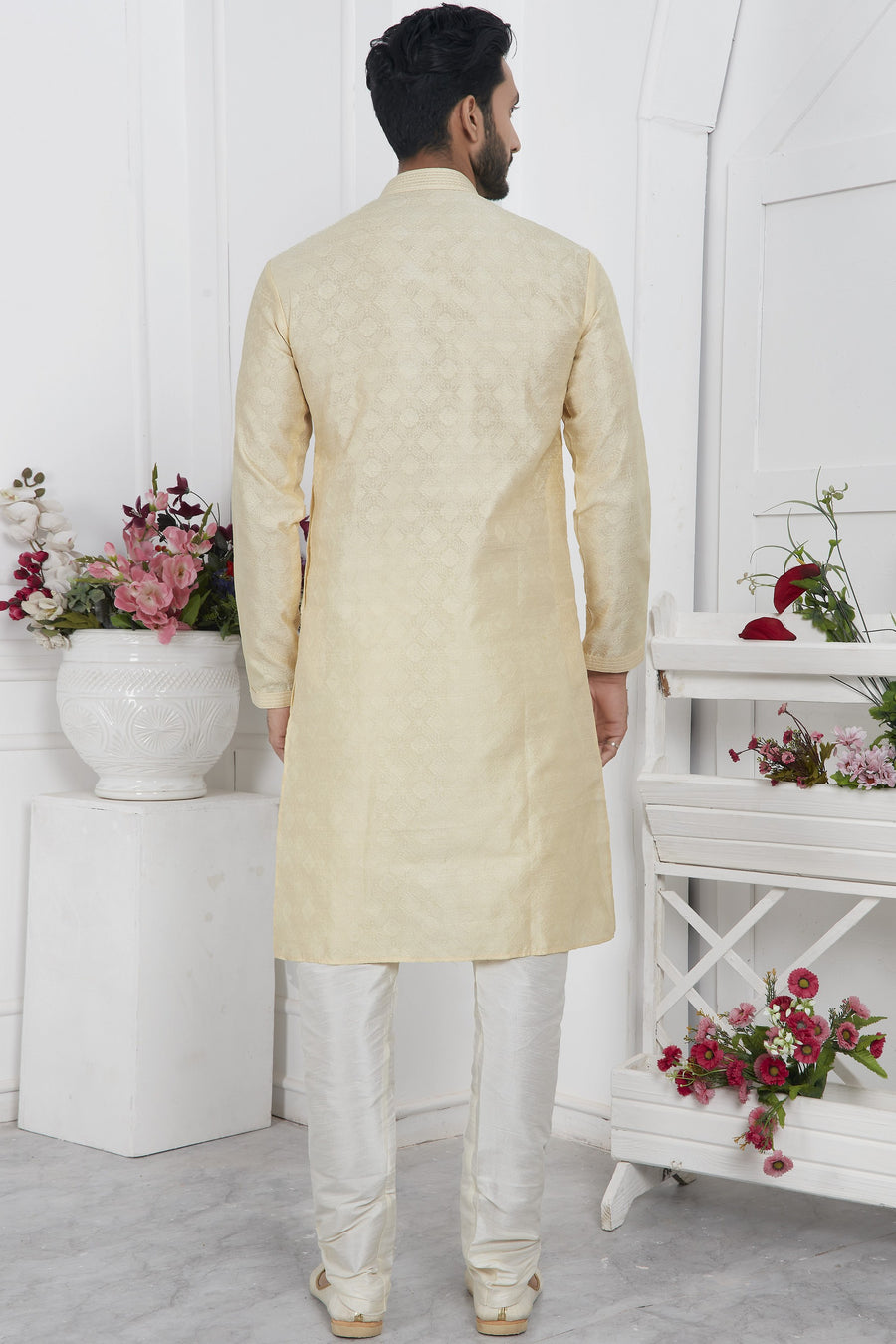 Cream Jacquard Silk Plain Straight Kurta Pajama for Men for Wedding & Festival