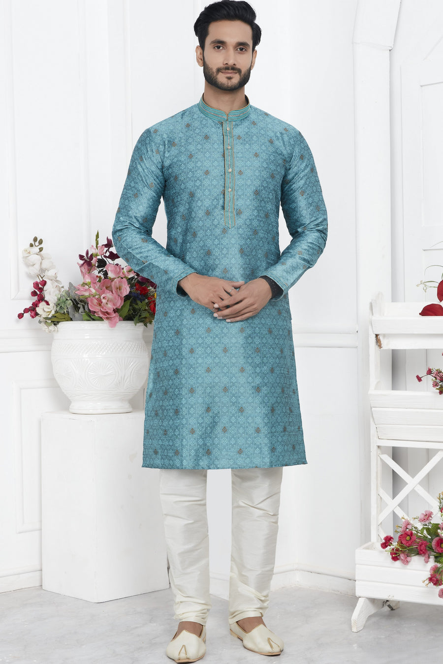 Ocean Blue Jacquard Silk Plain Straight Kurta Pajama for Men for Wedding & Festival