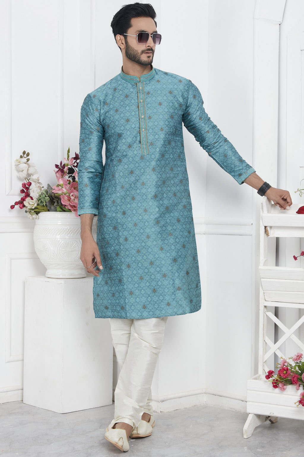 Ocean Blue Jacquard Silk Plain Straight Kurta Pajama for Men for Wedding & Festival