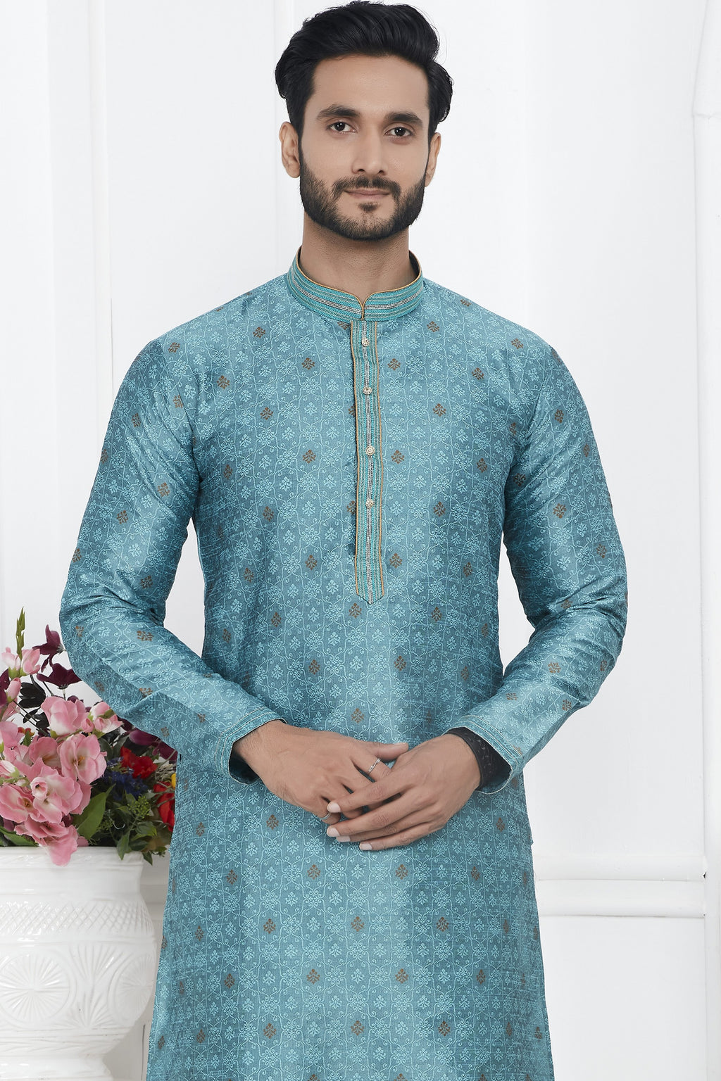 Ocean Blue Jacquard Silk Plain Straight Kurta Pajama for Men for Wedding & Festival