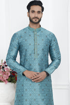 Ocean Blue Jacquard Silk Plain Straight Kurta Pajama for Men for Wedding & Festival