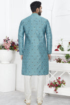 Ocean Blue Jacquard Silk Plain Straight Kurta Pajama for Men for Wedding & Festival