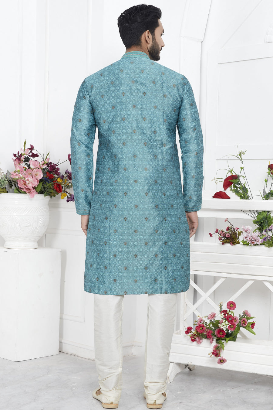 Ocean Blue Jacquard Silk Plain Straight Kurta Pajama for Men for Wedding & Festival