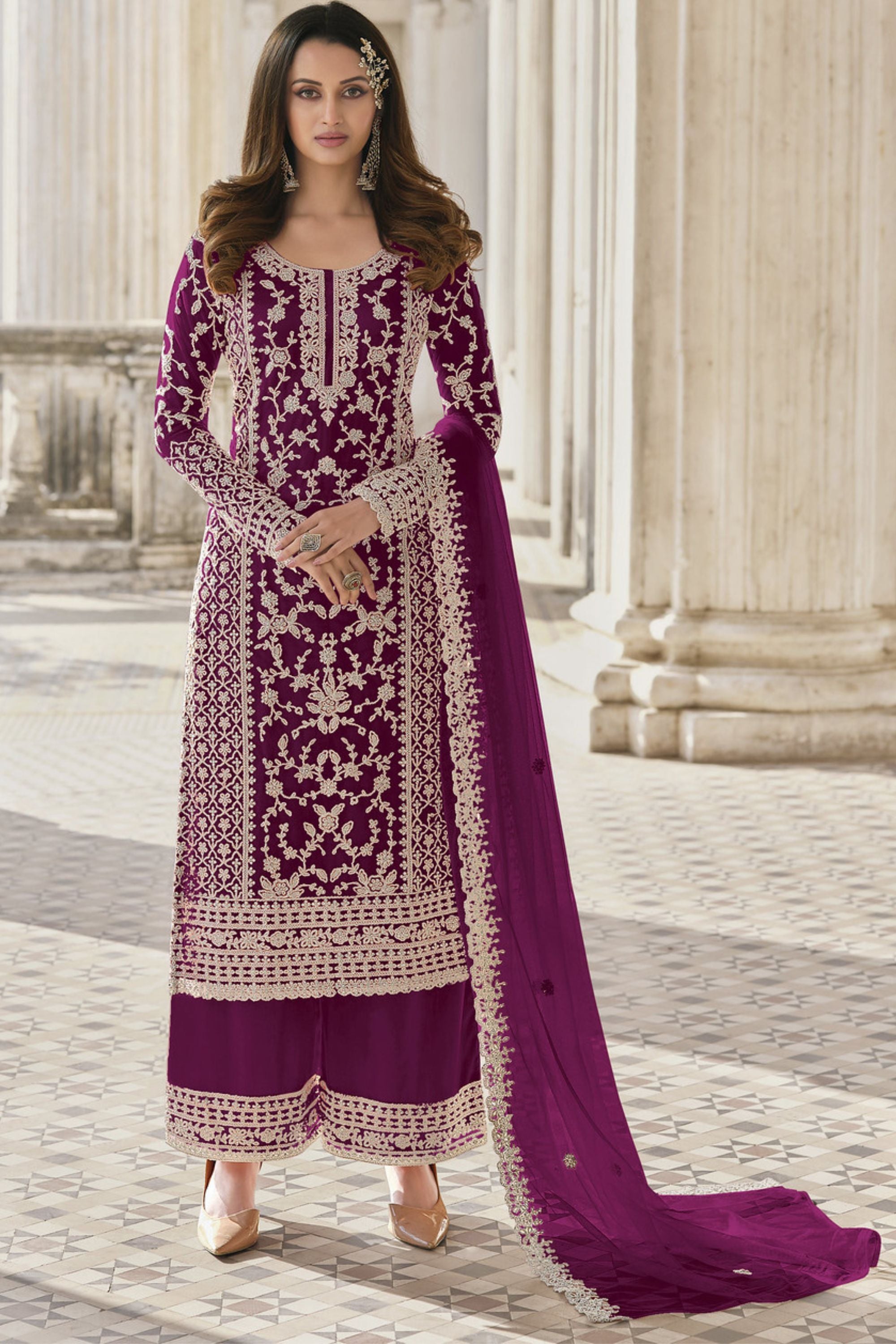 Dark Pink Net & Cording Work Salwar Kameez Plazzo Suit For Indian Wedding & Festival - Embroidery Work, Cording Work