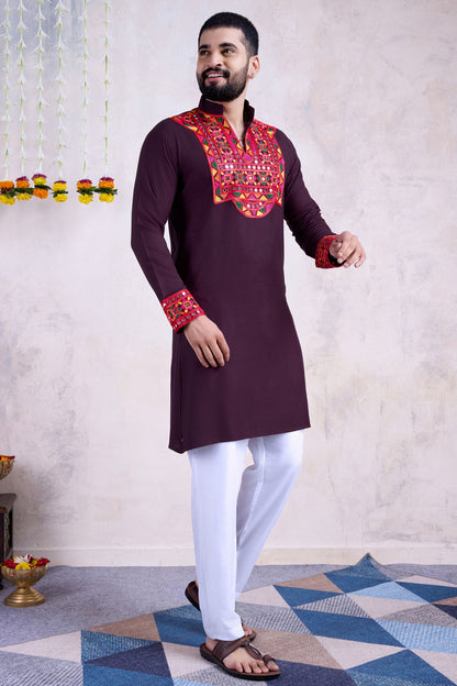 Purple Rayon Kurta Pyjama for Men For Navratri Garba Festivals - Embroidery Work, Real Mirror Work