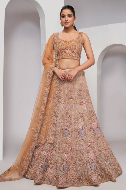 Peach Soft Net Lehenga Choli For Indian Festivals & Weddings - Sequins Work, Dori Work, Zarkan Work