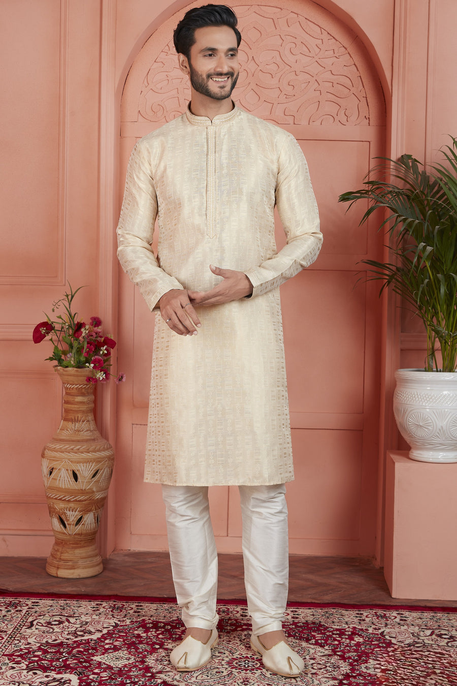 Cream Jacquard Silk Plain Straight Kurta Pajama for Men for Festival & Wedding