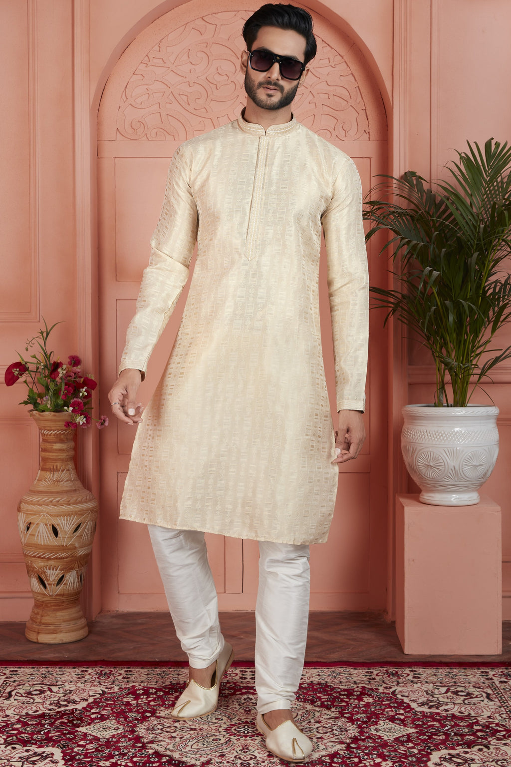Cream Jacquard Silk Plain Straight Kurta Pajama for Men for Festival & Wedding