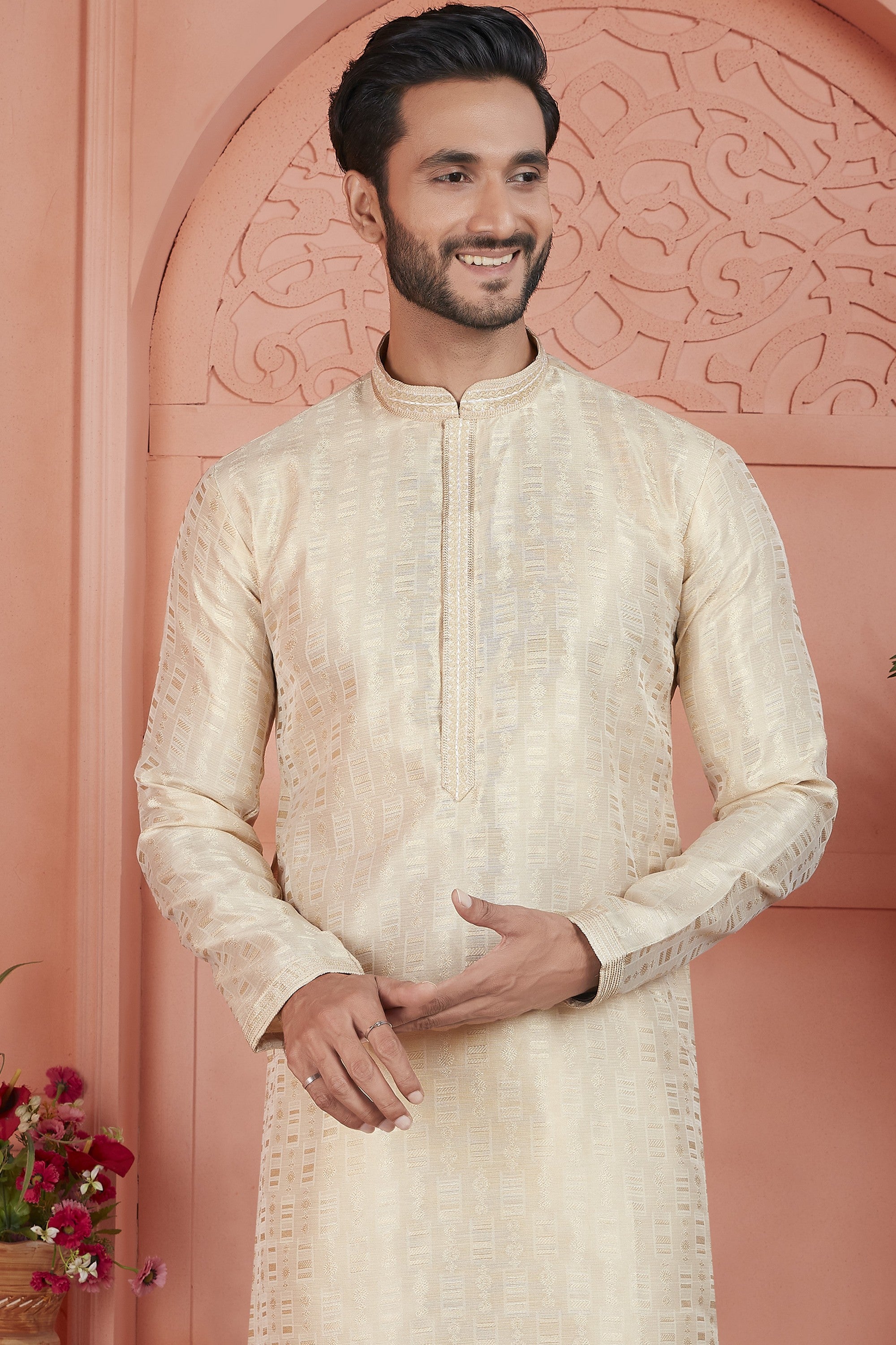 Cream Jacquard Silk Plain Straight Kurta Pajama for Men for Festival & Wedding