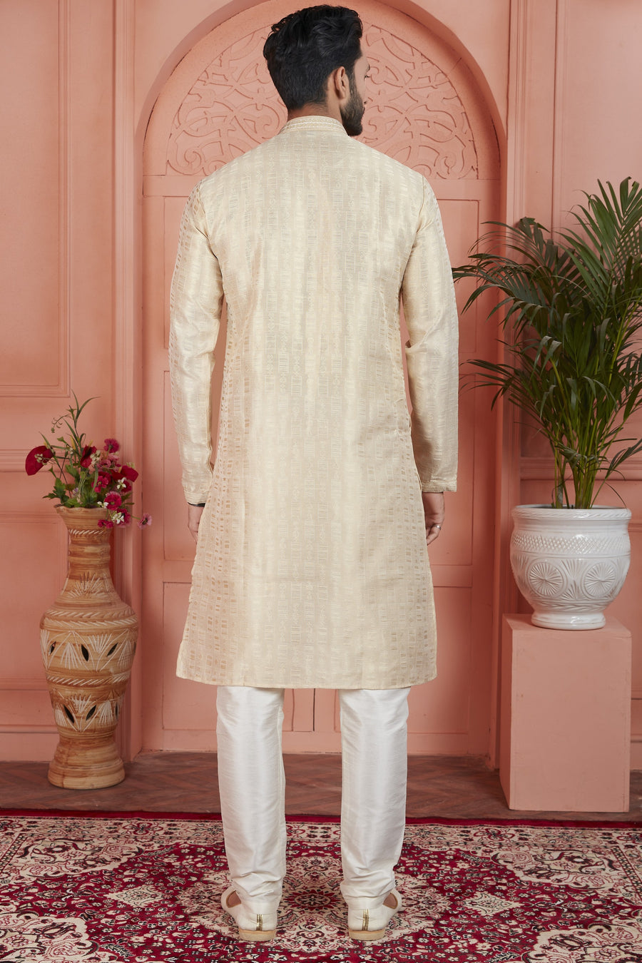 Cream Jacquard Silk Plain Straight Kurta Pajama for Men for Festival & Wedding