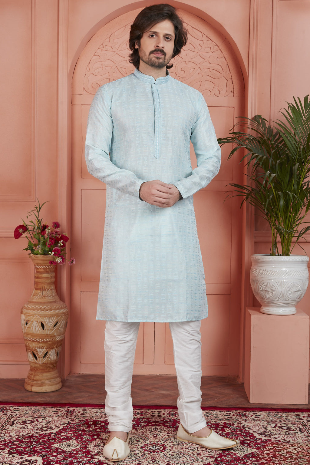 Sky Blue Jacquard Silk Plain Straight Kurta Pajama for Men for Festival & Wedding