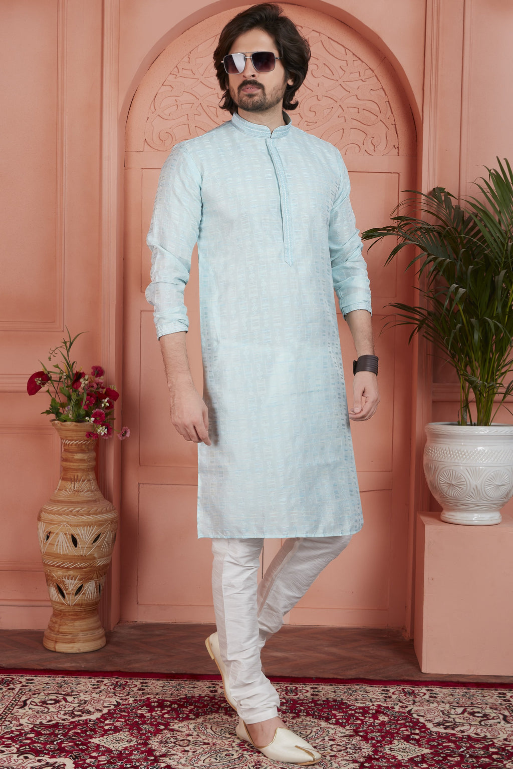 Sky Blue Jacquard Silk Plain Straight Kurta Pajama for Men for Festival & Wedding