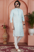 Sky Blue Jacquard Silk Plain Straight Kurta Pajama for Men for Festival & Wedding