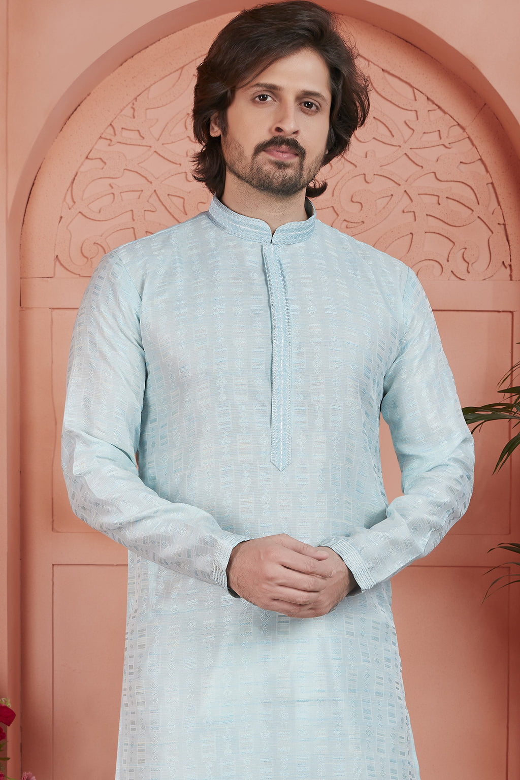 Sky Blue Jacquard Silk Plain Straight Kurta Pajama for Men for Festival & Wedding