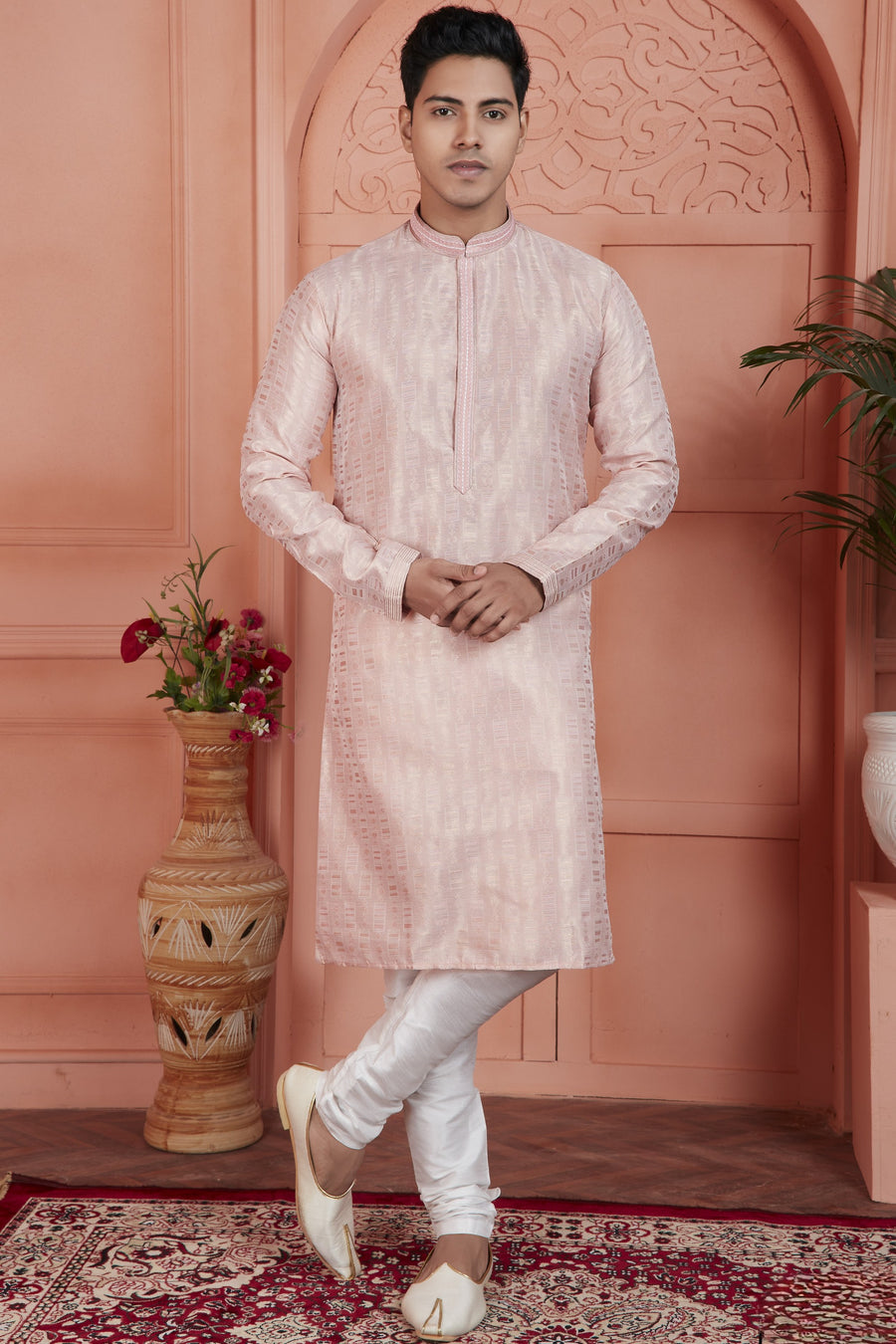 Peach Jacquard Silk Plain Straight Kurta Pajama for Men for Festival & Wedding