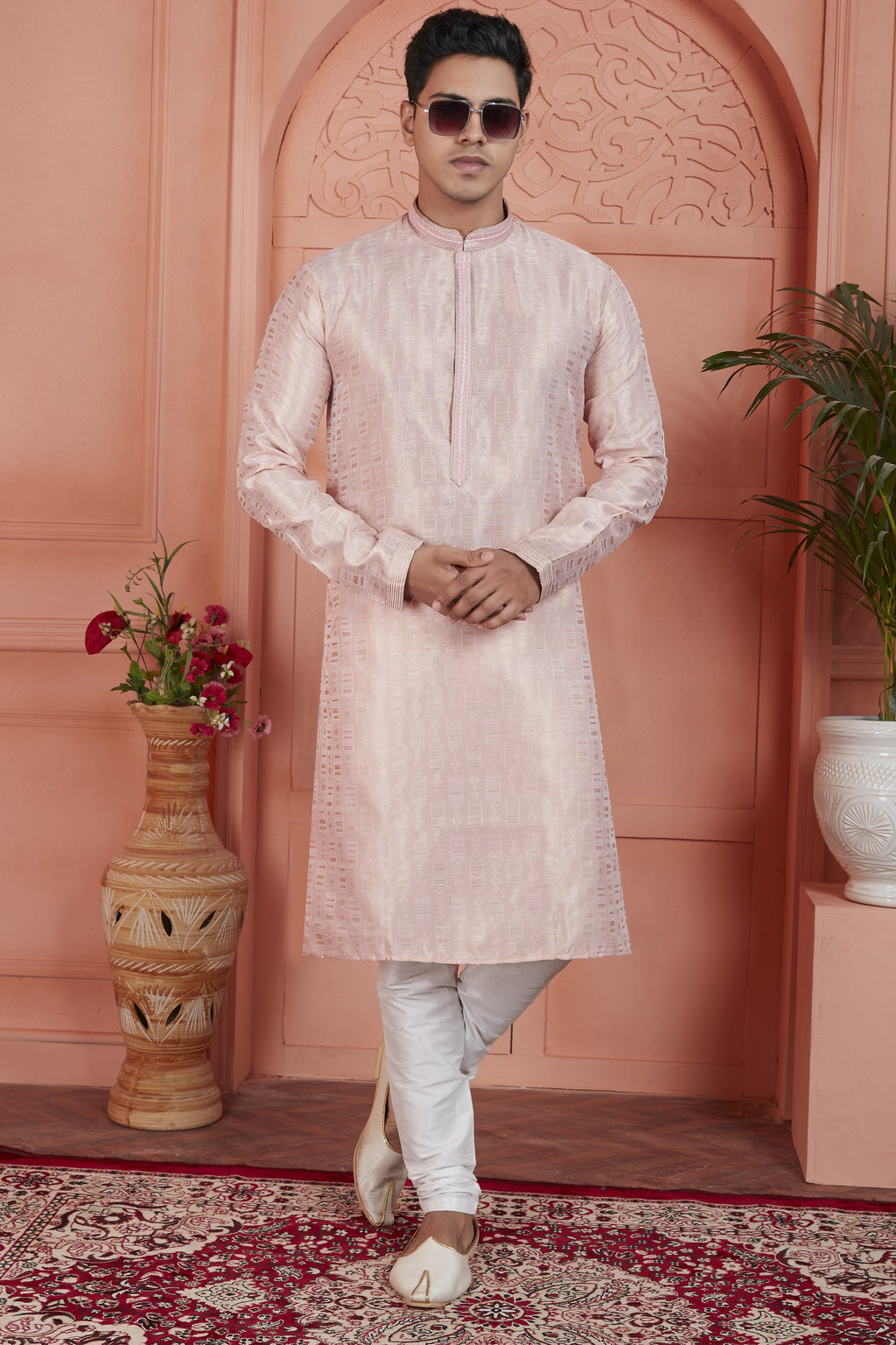 Peach Jacquard Silk Plain Straight Kurta Pajama for Men for Festival & Wedding