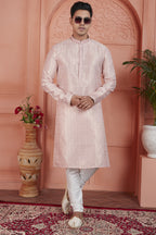 Peach Jacquard Silk Plain Straight Kurta Pajama for Men for Festival & Wedding