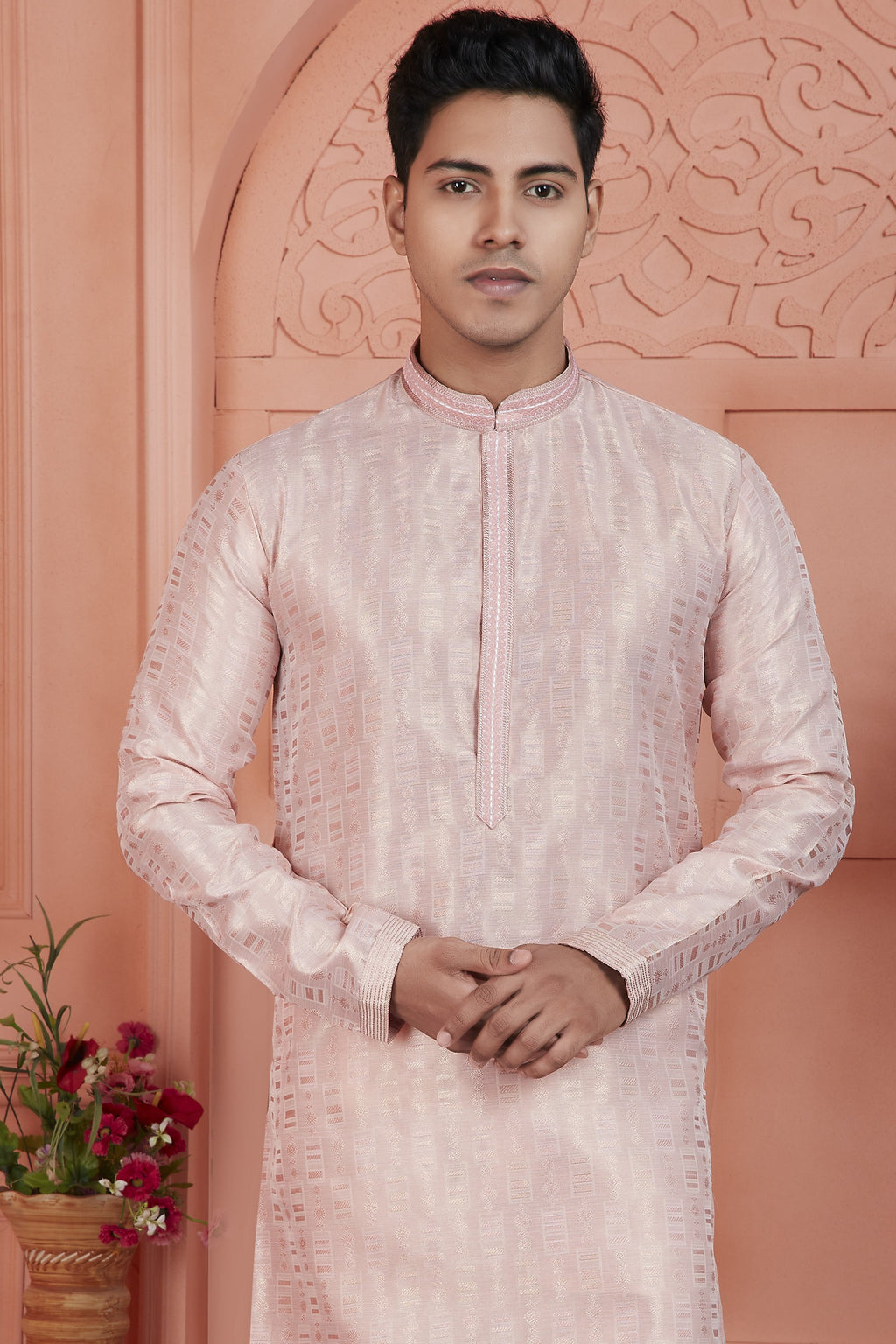 Peach Jacquard Silk Plain Straight Kurta Pajama for Men for Festival & Wedding