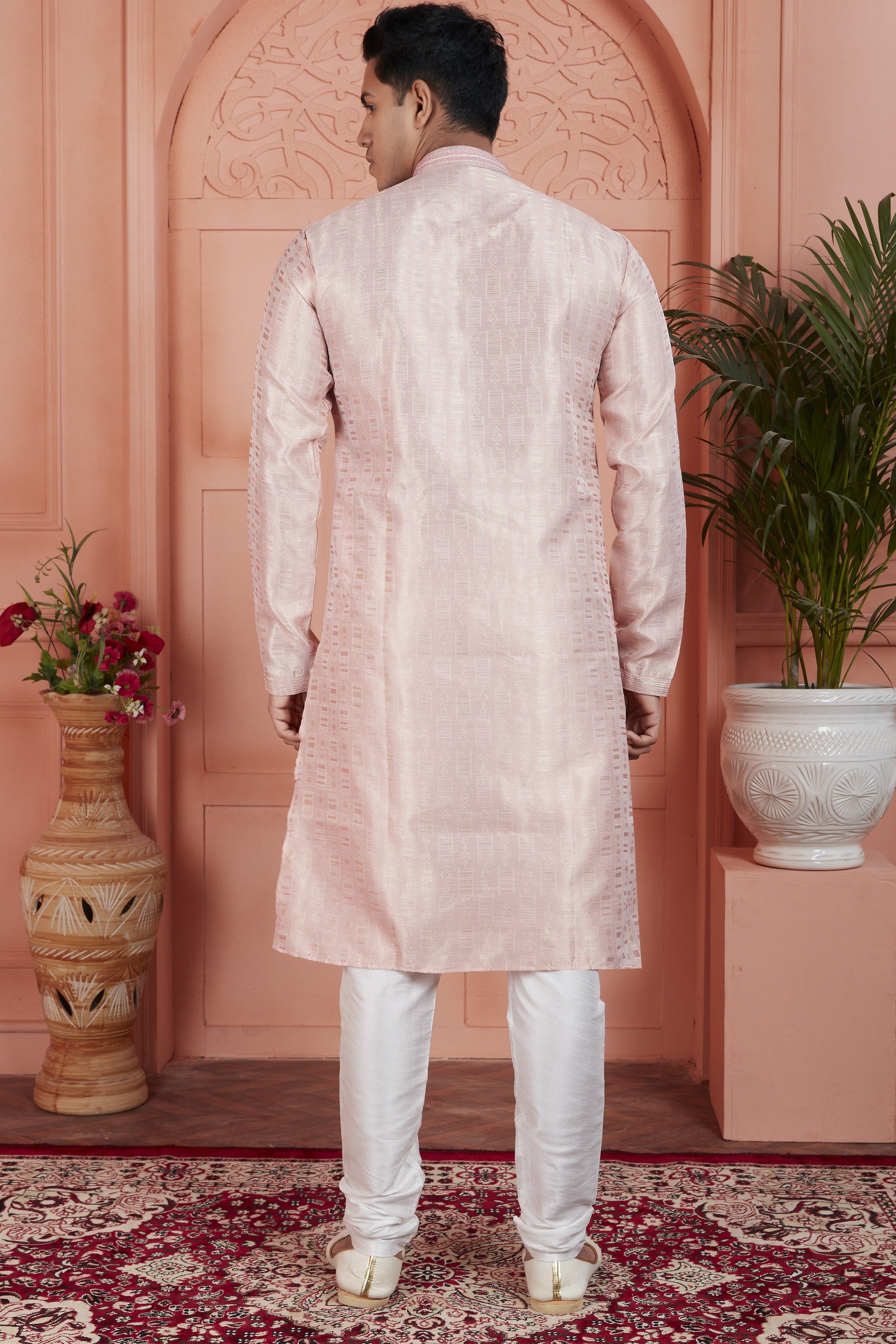 Peach Jacquard Silk Plain Straight Kurta Pajama for Men for Festival & Wedding