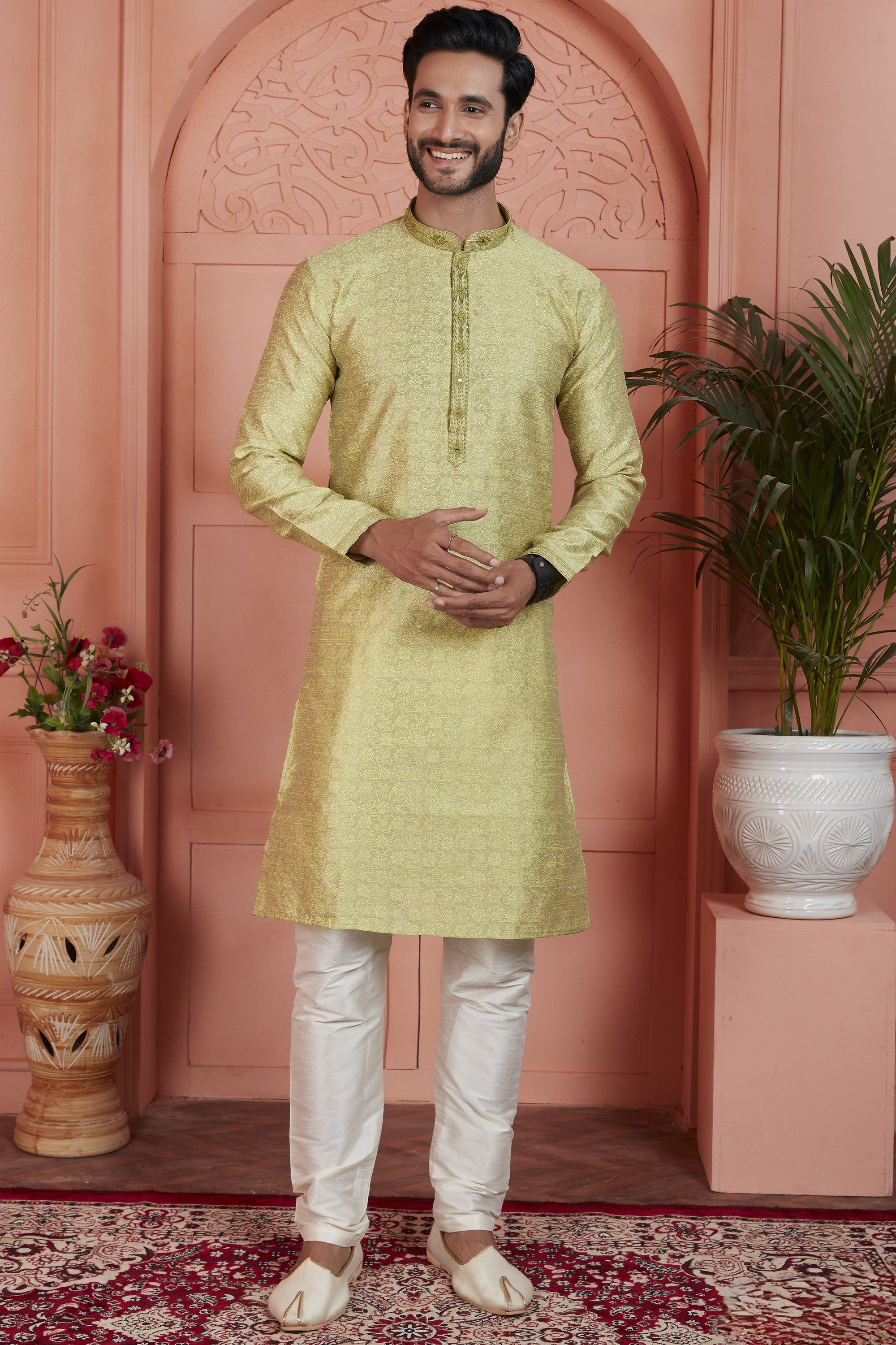 Yellow Jacquard Silk Plain Straight Kurta Pajama for Men for Festival & Wedding